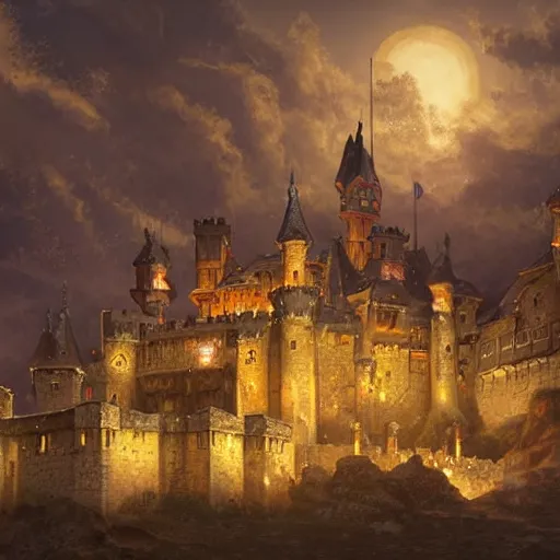 Image similar to a beautiful medieval castle at night, during a siege, in anime style highly detailed by Raphael Lacoste, greg rutkowski, makoto shinkai