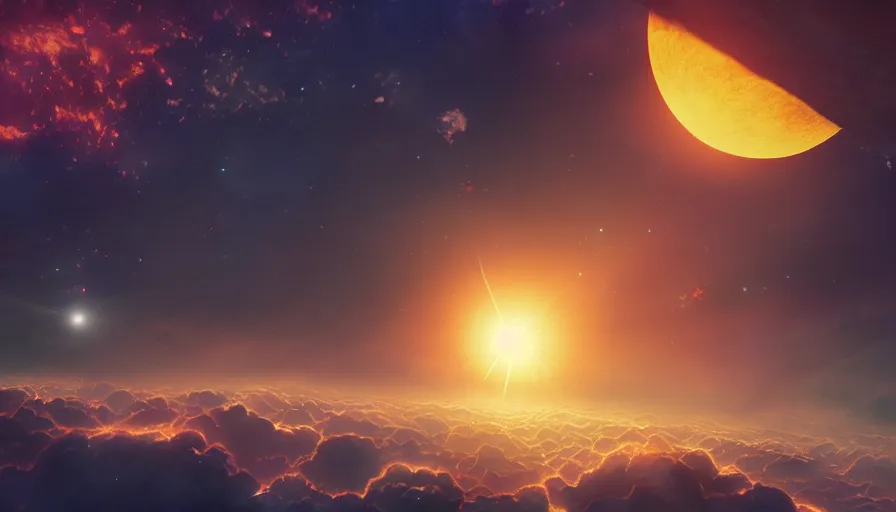 Image similar to hexagon eclipsing sun, floating in space, colorful clouds below matte painting, trending on artstation, realistic, octane render, cinematic, epic