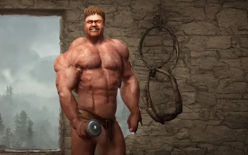 Image similar to muscle man claiming victory over the bodies of his enemies, atmospheric, mist, epic, photorealistic, realistic, rule of thirds, extremely detailed, 4 k, 8 k, unreal engine 5 render, rim lighting, rtx, ray traced lighting, shot on 3 5 mm, film grain, looking through a window frame