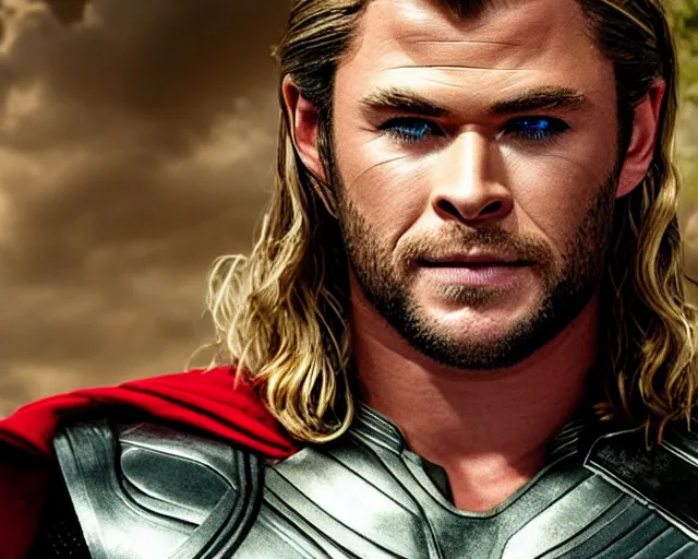 Image similar to Chris Hemsworth as thor wearing drag queen makeup, gay parade background, cinematic shot, 8k resolution, hyper detailed