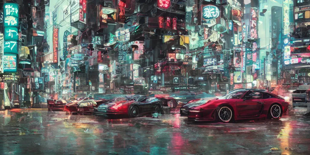 Image similar to tokyo porche 9 1 1 origami neon signs raining, cyberpunk, hyperrealistic, highly detailed, art station greg rutkowski