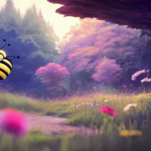 Image similar to large cute bee flying to crimson - black cute bee art school, in a beautiful forest meadow village landscape, flowers, happy trees, photorealistic, octane render, rtx, hdr, unreal engine, digital art widescreen 8 k, studio ghibli, disney, wlop
