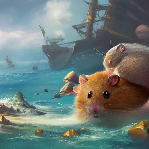 Image similar to giant hamster in the middle of the sea, fantasy art, illustration, epic, fantasy, intricate, hyper detailed, artstation, concept art, smooth, sharp focus, ray tracing