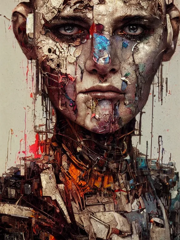 Prompt: art portrait of an android, decaying, rusting,8k,by tristan eaton,Stanley Artgermm,Tom Bagshaw,Greg Rutkowski,Carne Griffiths,trending on DeviantArt,face enhance,hyper detailed,minimalist,cybernetic, android, blade runner,full of colour,