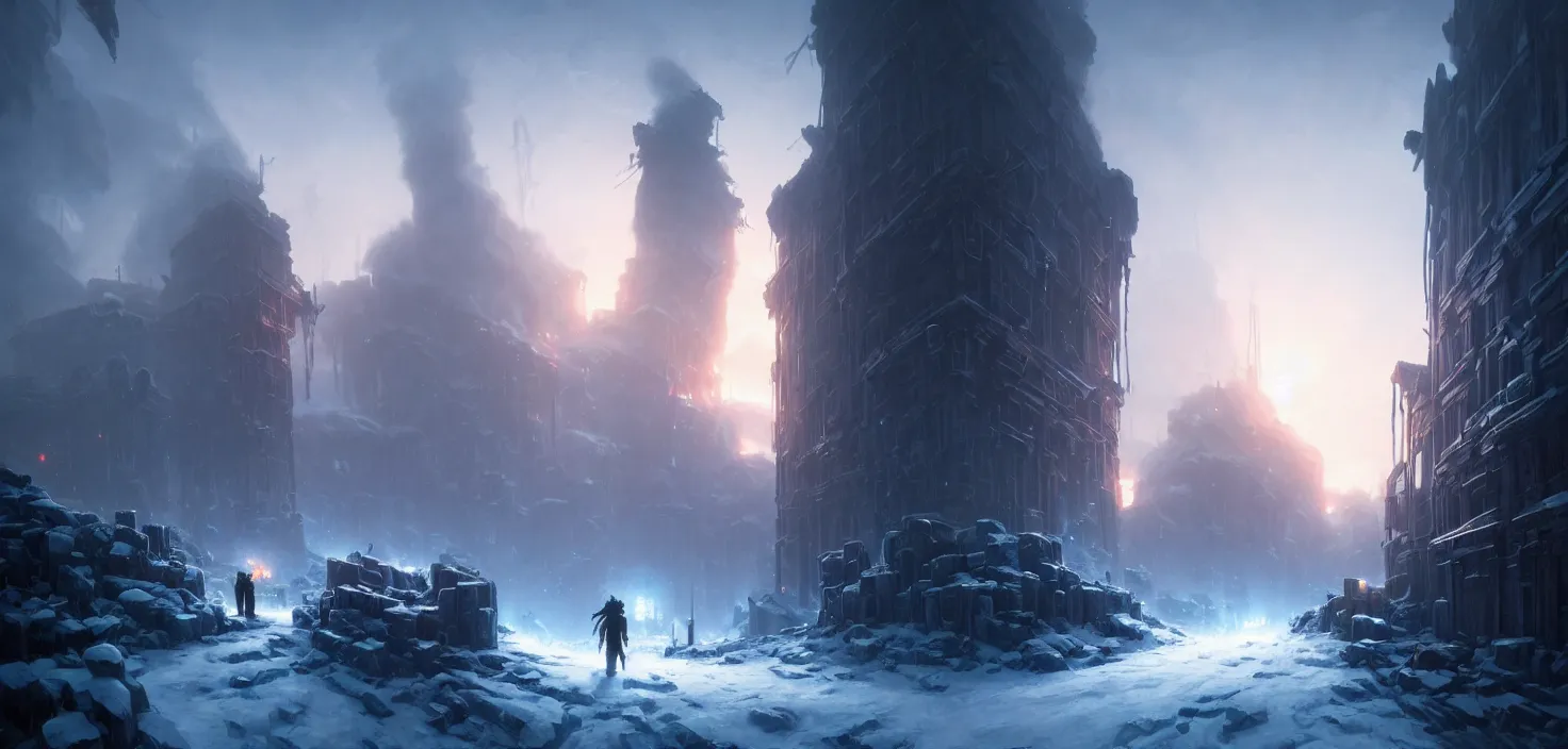 Prompt: frostpunk portal, cinematic view, epic sky, no people, detailed, concept art, high detail, warm lighting, volumetric, godrays, vivid, beautiful, trending on artstation, by jordan grimmer, huge scene, art greg rutkowski