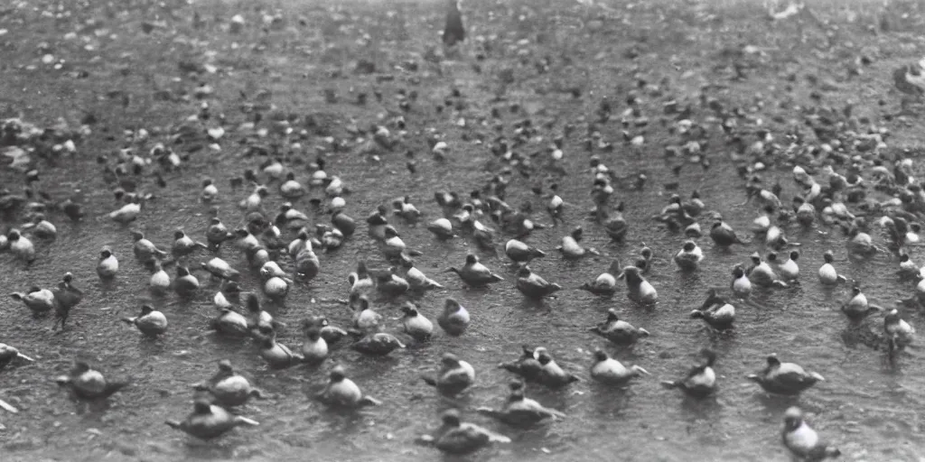 Image similar to 1920s photograph of a line of different size ducks, ascending order, 108 megapixels, realistic