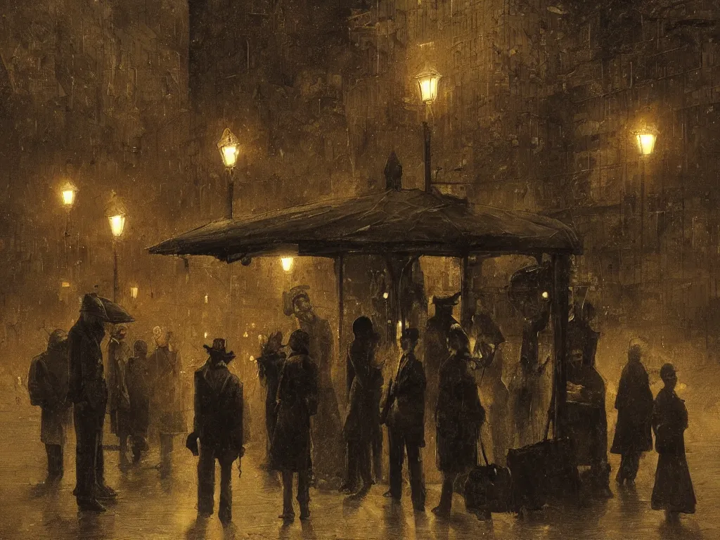 Image similar to few people waiting in a bus stop in dark city night, high quality, detailed, high resolution, in the style of ismail inceoglu zdizlaw beksinski bastien deharme jacek yerka mc escher winslow homer craig j. spearing thomas eakins pablo carpio