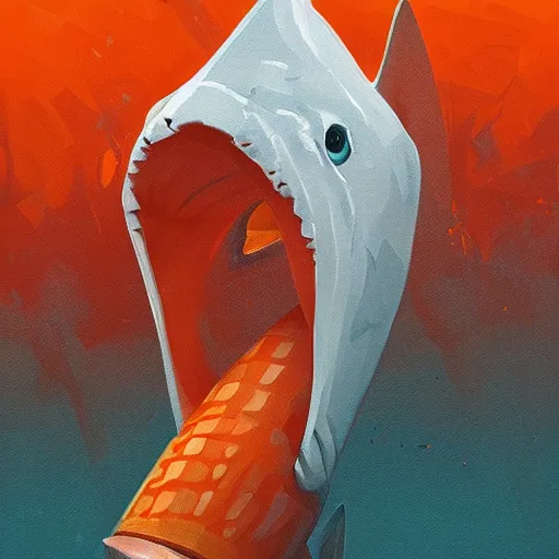 Image similar to great white shark with a conical orange traffic cone orange traffic cone orange traffic cone instead of a fin - ron cheng & alphonse mucha, highly detailed, digital painting, ray tracing, concept art, illustration, smooth sharp focus, intricate, symmetry, artstation,