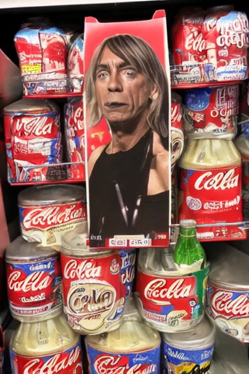Prompt: a bottle of cola with iggy pop's head on it, in a store refrigerator