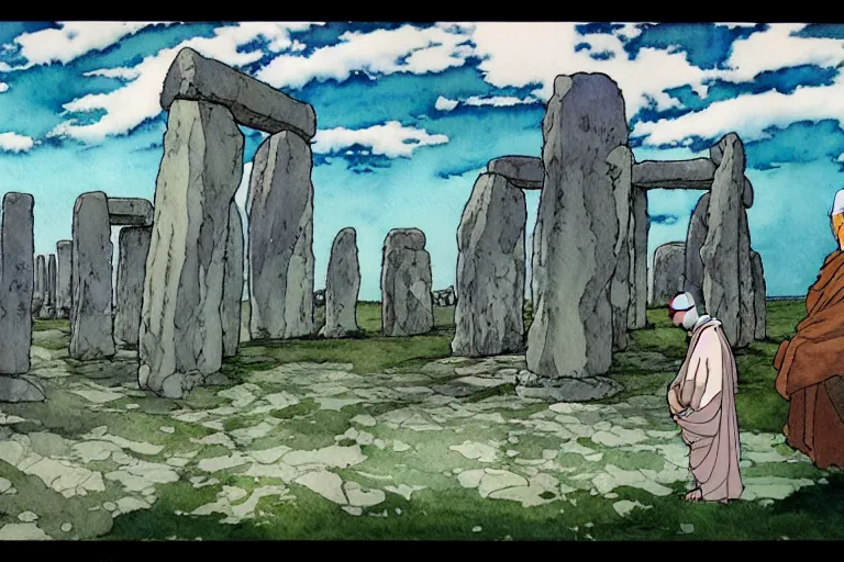 Image similar to a hyperrealist studio ghibli watercolor fantasy concept art. in the foreground is a giant monk in a grey robe lifting a stone. in the background is stonehenge. the scene is underwater on the sea floor. by rebecca guay, michael kaluta, charles vess