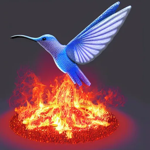 Image similar to a flaming fire hummingbird phoenix crying in the rain digital art cartoonish render raytracing