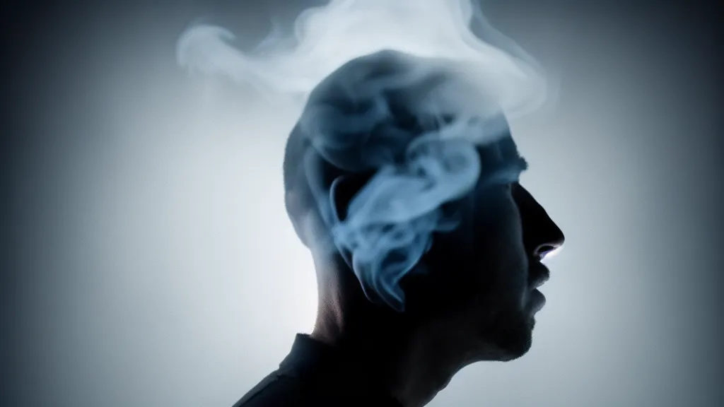 Prompt: portrait of a man a thin glowing smoke enters his head, fog, volumetric lighting, mystique, atmospheric, sharp focus, ultra detailed, noir art house, 4 k, 3 5 mm