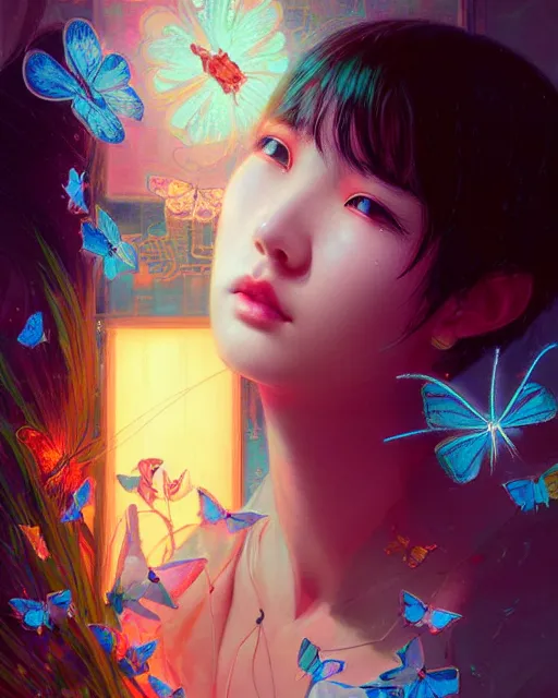 Prompt: harmony of butterfly, neon light language, ( black haired yoongi portrait ) by wlop, james jean, victo ngai, beautifully lit, muted colors, highly detailed, fantasy art by craig mullins, thomas kinkade