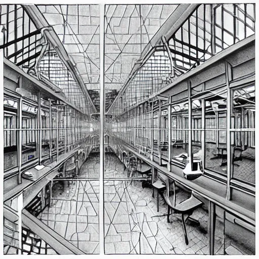 Image similar to scientific laboratory interior in the style of escher!!!!!!