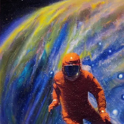 Image similar to a man zooming through the fabric of space, dramatic oil painting, detailed