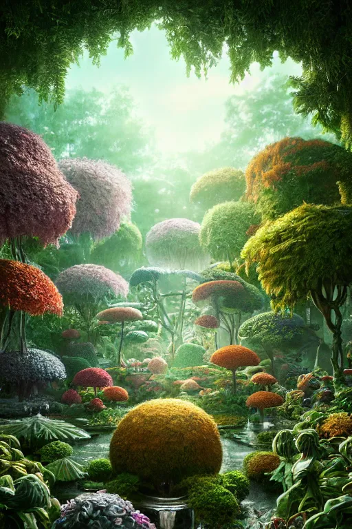 Image similar to ethereal garden, part by robert beatty, part by james jean, part by ross tran, part by jacek yerka, part by leslie zhang, surreal, highly detailed, beautiful detailed intricate insanely detailed octane render trending on artstation, 8 k artistic photography, photorealistic, volumetric cinematic light, chiaroscuro