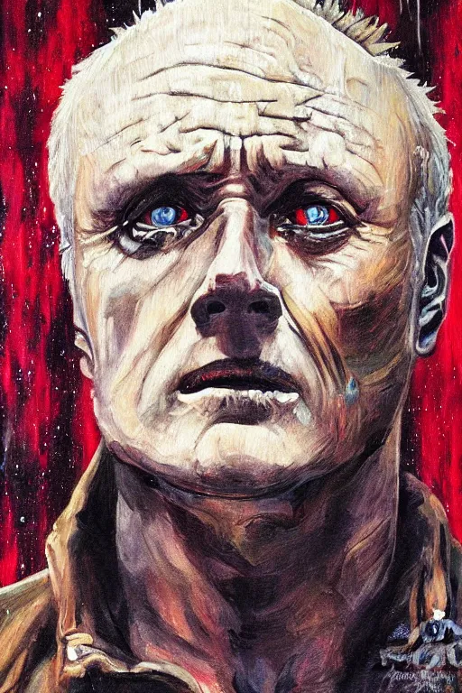 Prompt: a somber painting of the replicant roy batty that asks the viewer to question the very purpose of life when all memories will be lost in time like tears in the rain, in the style of blade runner, ridley scott