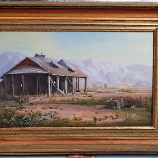 Prompt: a beautiful painting of an abandoned town in the middle of nowhere, oil painting, detailed.