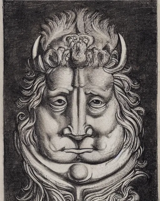 Image similar to a creature with four faces in one, human face, eagle beak, lion mane, two horns on the head, drawn by da vinci. symmetrical