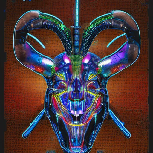 Image similar to cybernetic evil goat head merged with complex circuitry and machinery, multicolored, giger