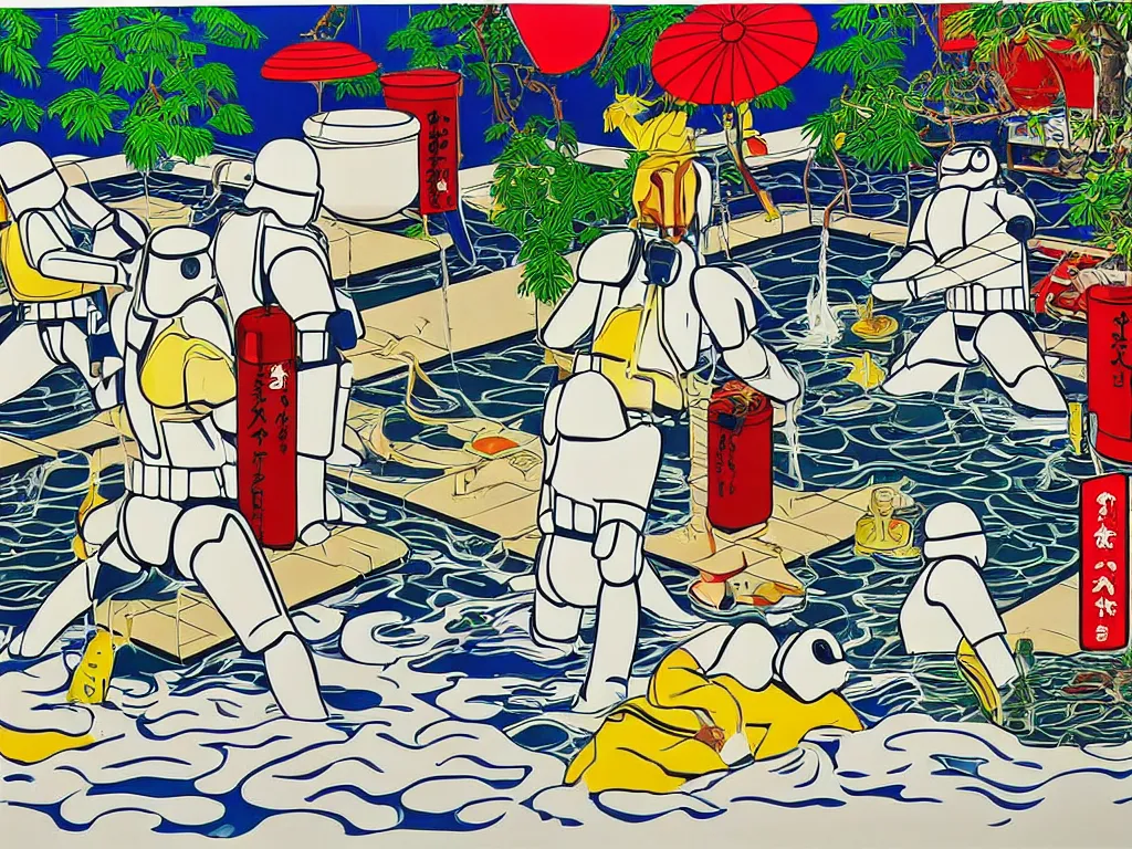 Image similar to hyperrealism composition of the japanese house with a hot springs in the garden, two detailed stormtroopers bathe in a hot spring, pop - art style, jacky tsai style, andy warhol style, roy lichtenstein style, acrylic on canvas