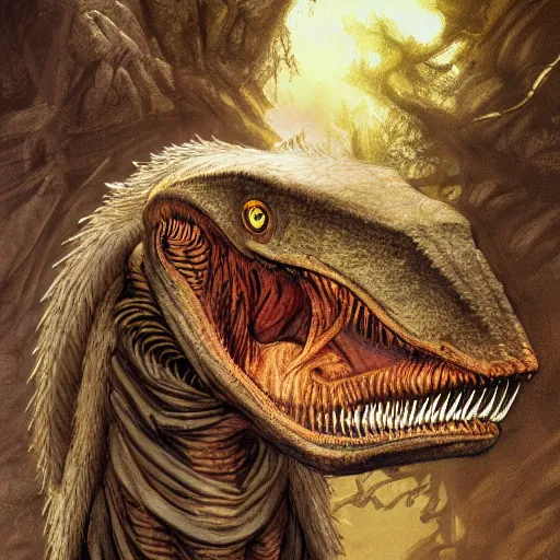 Prompt: digital concept art, Velociraptor Christ by the Brothers Grimm, illustration in the style of Sergey Svistunov and Keith Thompson, extremely detailed, digital art, 8k