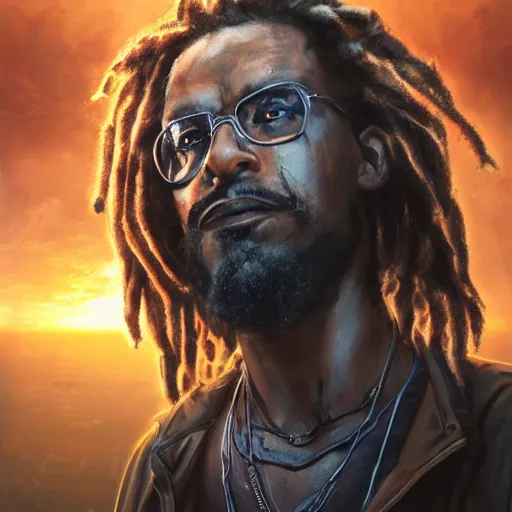 Prompt: cyberpunk, closeup portrait of a shaggy cyberpunk rastafarian, tired, stubble beard, washed up, dramatic light, city background, sunset, dystopian setting, high contrast, sharp, neuromancer, henry dorsett case, painted by stanley lau, painted by greg rutkowski, painted by stanley artgerm, digital art, trending on artstation