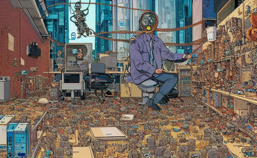 Prompt: hyper-detailed, intricate, illustration of a computer lab scientist discovering AI sentience, cyberpunk, in the style of Geof Darrow