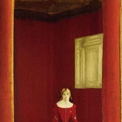 Image similar to an elegant girl in a liminal abandoned room, red and gold, old polaroid by goya, by botticelli, digital painting, jugendstil, art noveau, strong lights, flat colors, pastel colors,