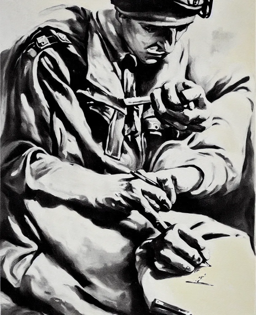 Image similar to a painting of soldier's hands writing a sad letter in el alamein battle, wwii,, black and white, bauhaus