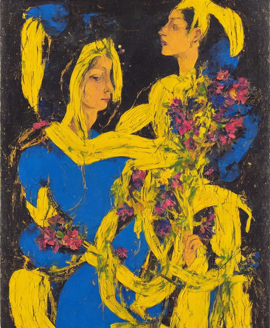 Image similar to portrait of a single lonely priestess with flowers in her hair and a candle in her hand, yellow and blue ribbons, expressive abstractionism, many small saturated hard relief strokes of oil on canvas with high detail