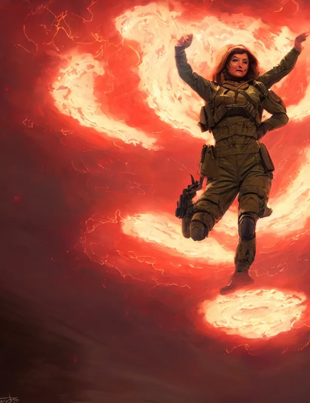 Image similar to a brown - haired woman in a military uniform hovering in the air glowing with red light and crackling energy, by frank fazetta and peter mohrbacher, trending on artstation, digital art, 4 k resolution, detailed, high quality, sharp focus, hq artwork, coherent, insane detail, concept art, character concept, character full body portrait