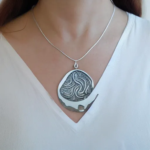 Image similar to amulet of wave inlaid in silver on a young beautiful woman neck, hyper realistic,