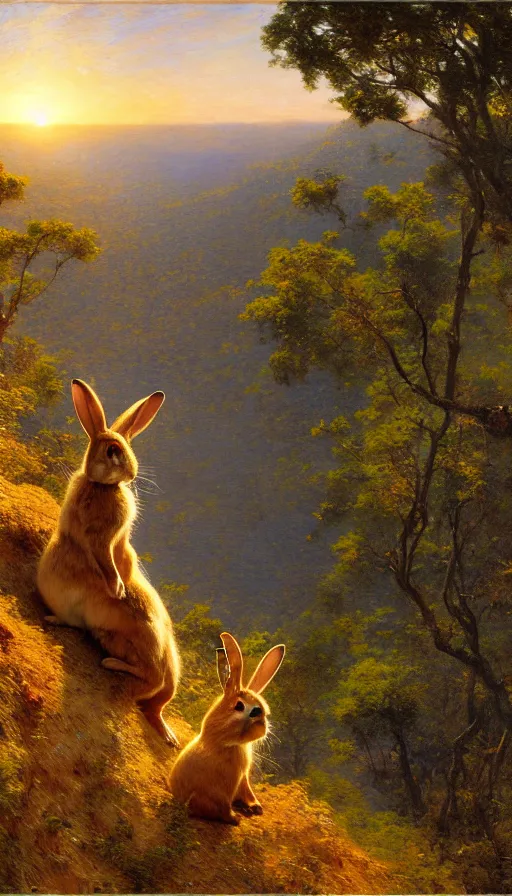 Image similar to hyper realistic rabbit looking off of a cliff, sun setting behind rabbit, lush forest in valley below, painted by gaston bussiere, craig mullins, j. c. leyendecker 8 k