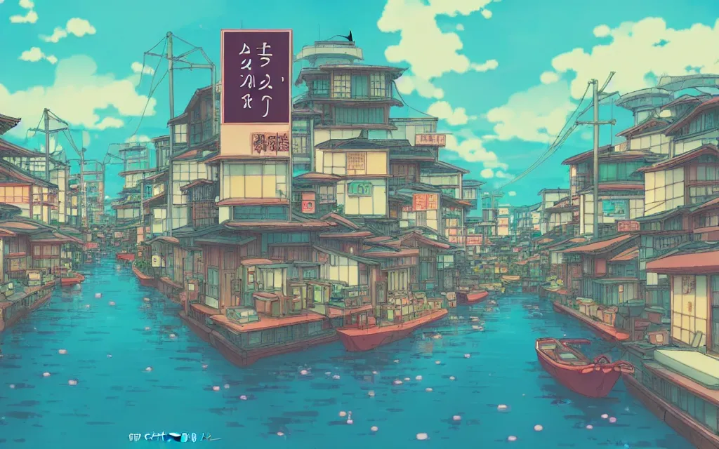 Prompt: a japanese city near the sea, lofi, dreamy, moody, very colorful, anime inspiration, ghibli vibe