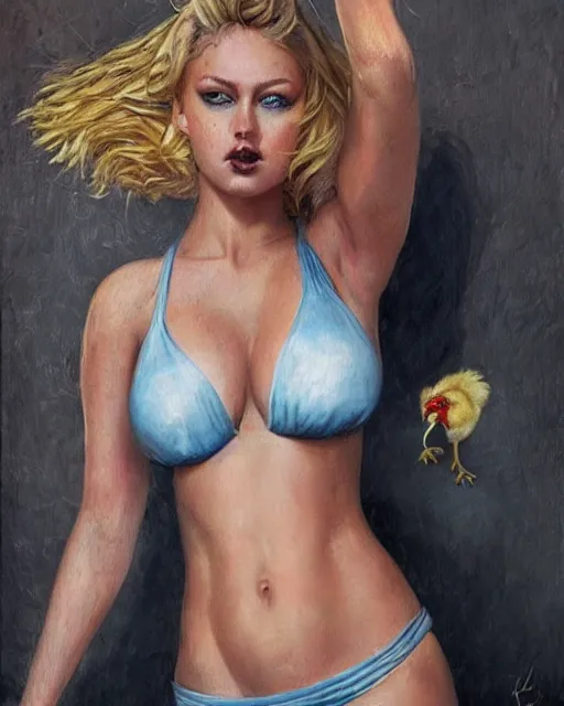 Prompt: a chicken, gorgeous bikini model, fat obese, oil on aged tin, inked lines, beautiful blue eyes, blonde hair. by karol bak and alain aslan and charlie bowater.
