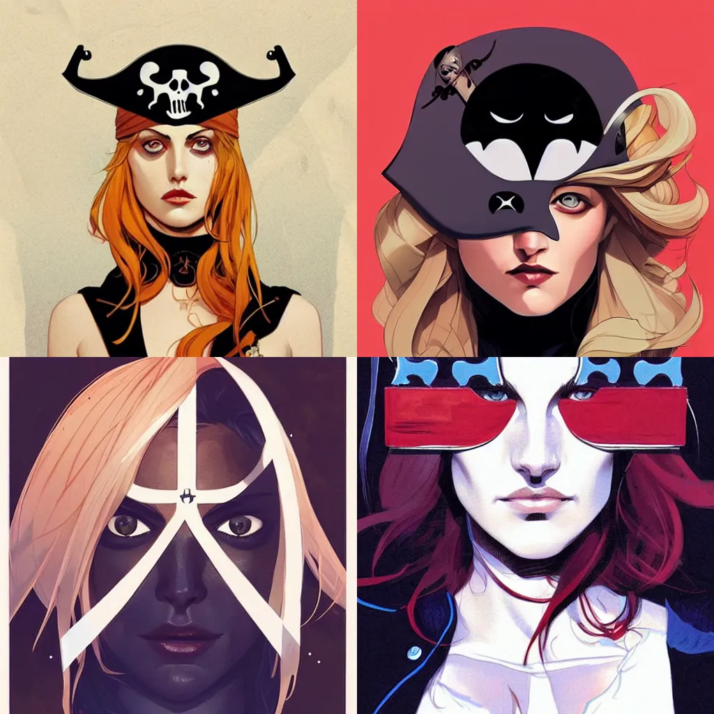 Prompt: Joshua Middleton comic art, pretty female Phoebe Tonkin, pirate, eye patch over one eye, evil smile, symmetrical face, symmetrical eyes, pirate clothing, long wavy blonde hair, full body:: sunny weather::