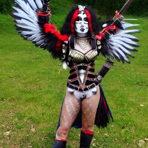 Image similar to full body photo of a female harlequin valkyrie warrior