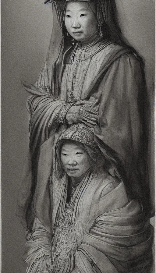 Prompt: yoon young bae as the high priestess, by rembrandt, black and white graphite drawing, smooth render, 3 / 4 view