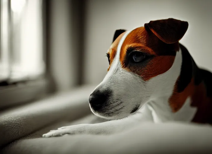 Image similar to photography of a Jack Russel . watching outside the window. on a bed. in a vintage room.,volumetric light, photorealistic,, award winning photo, 100mm, sharp, high res