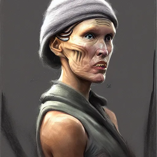 Image similar to portrait of a woman by greg rutkowski, female twi'lek, green skin, wool cap, star wars expanded universe, she is about 6 0 years old, wearing uniform of the galactic alliance navy, highly detailed portrait, digital painting, artstation, concept art, smooth, sharp foccus ilustration, artstation hq