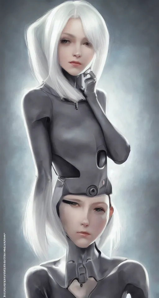 Image similar to a portrait of a scientist robot girl with silver hair wearing grey suit by artgerm and wlop and krenz cushart, painterly