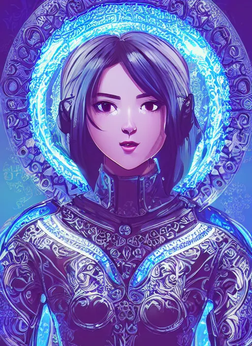 Prompt: a young woman in ornate, intricate glowing blue full plate armor. the armor glows, bursting with blue light. clean cel shaded vector art. shutterstock. behance hd by lois van baarle, artgerm, helen huang, by makoto shinkai and ilya kuvshinov, rossdraws, illustration, art by ilya kuvshinov