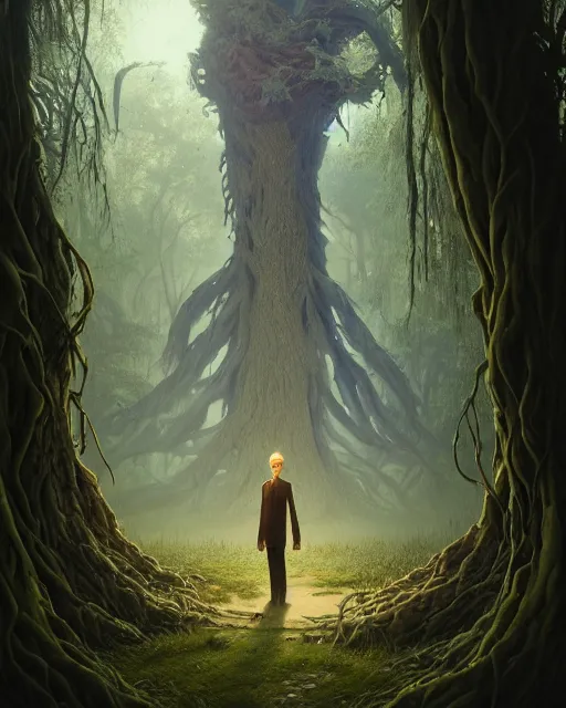 Image similar to highly detailed surreal vfx portrait of a cursed crown in a shadowy forest by a willow tree, stephen bliss, unreal engine, greg rutkowski, loish, rhads, beeple, makoto shinkai and lois van baarle, ilya kuvshinov, rossdraws, tom bagshaw, alphonse mucha, global illumination, detailed and intricate environment