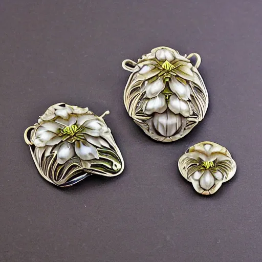 Image similar to hyperrealistic botanical artnouveau complicated constructional artnouveau patterned rene lalique jewelry