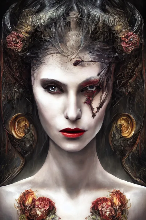 Image similar to single face portrait. very complex hyper-maximalist overdetailed cinematic darkfantasy portrait of an elegant very attractive but dangerous and wild female ent lady by andrei riabovitchev, tomasz alen kopera, oleksandra shchaslyva. Omnious intricate. Focus on face. Artstation. Deviantart. 8k 4k 64megapixel. Rendered by binx.ly. discodiffusion style portrait.