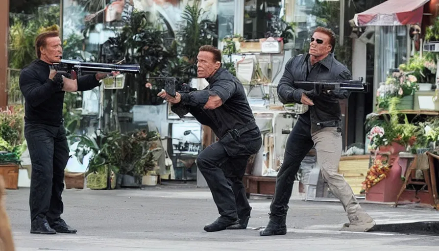Image similar to big budget action movie where arnold schwarzenegger shoots a minigun at a florist.