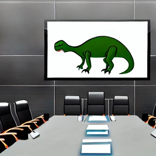 Image similar to detailed intricate colour illustration of a dinosaur doing a PowerPoint presentation in a corporate board meeting room