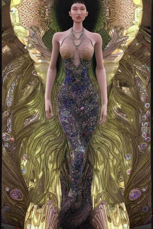 Prompt: a highly detailed metahuman 4 k render of an alien lsd goddess bella hadid in iris van herpen dress schiaparelli in diamonds swarovski and jewelry in style of alphonse mucha gustav klimt trending on artstation made in unreal engine 4