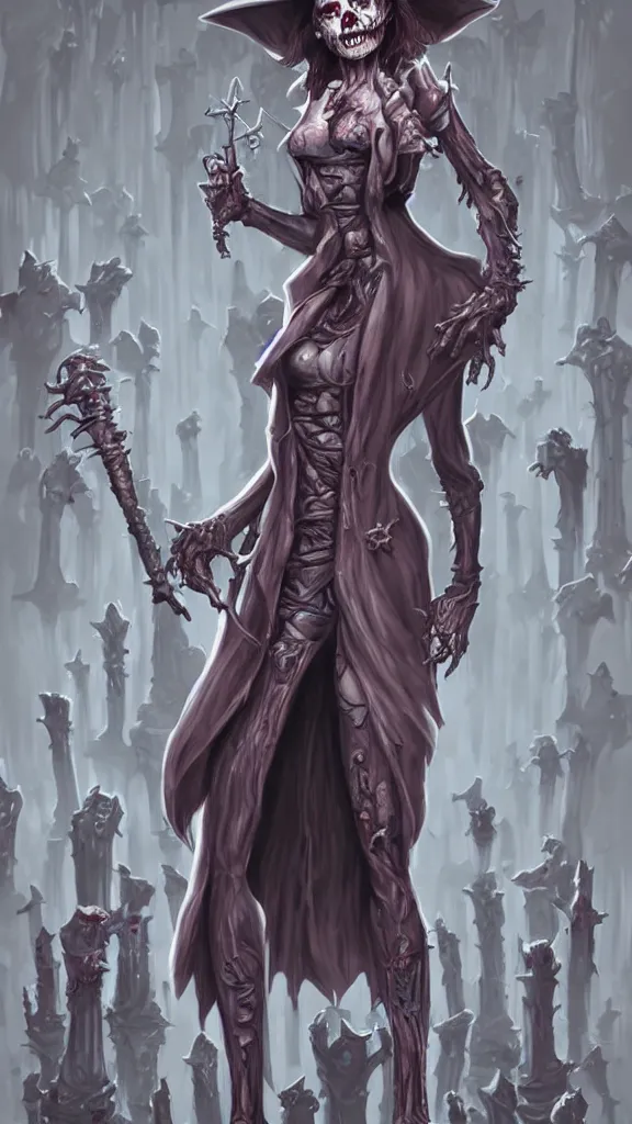 Image similar to zombie wizard girl standing in crypts, Created by Artgerm